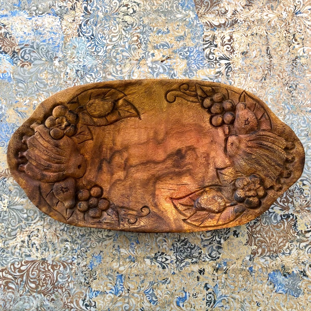 Carved Wood Rustic Bowl Tray Oblong Birds Vintage